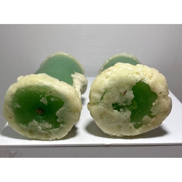 Christmas Pilar Candles Green Angels Pixie Puffy Snow Design Set of 2 Retro 6" - Picture 7 of 8